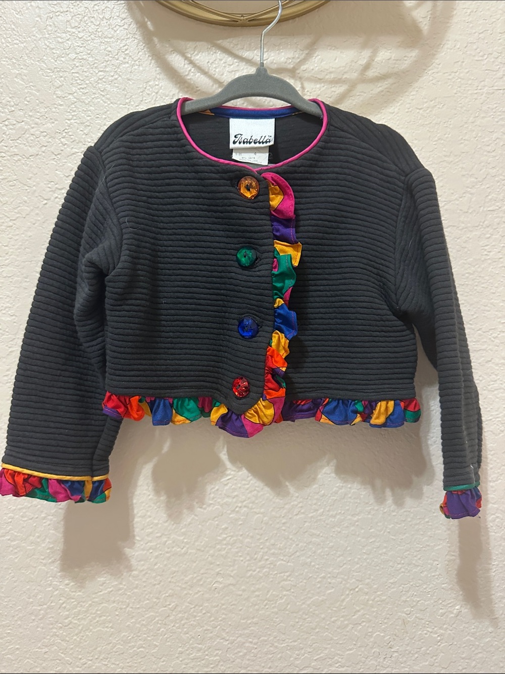 Vintage Abella Black Quilted Jacket with Rainbow Ruffle Trim